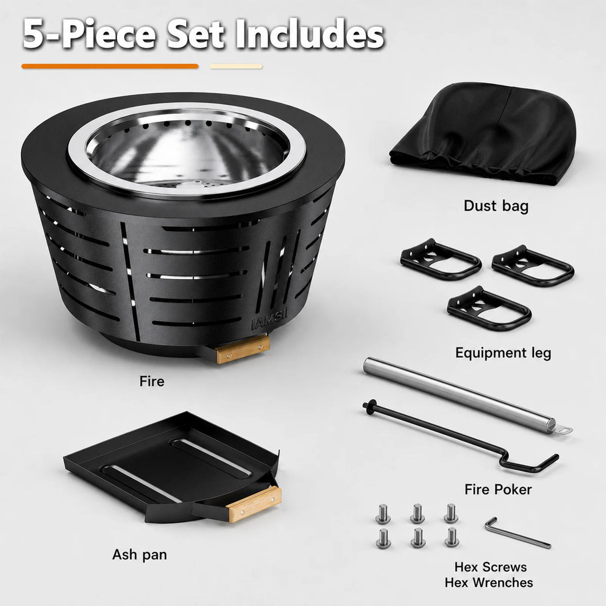 26 inch Smokeless Fire Pit - Triple Burn Technology, with Support Legs, Ash Pan & Tools for Backyard, Patio, Garden