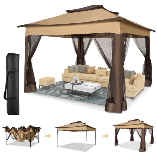 12x12FT Pop Up Gazebos On Clearance - Upgrade Easy Up Metal Outdoor Gazebo Waterproof - Portable Gazebo with Mosquito Nettings, 4 Ropes 8 Stakes and Carry Bag for Patio Garden