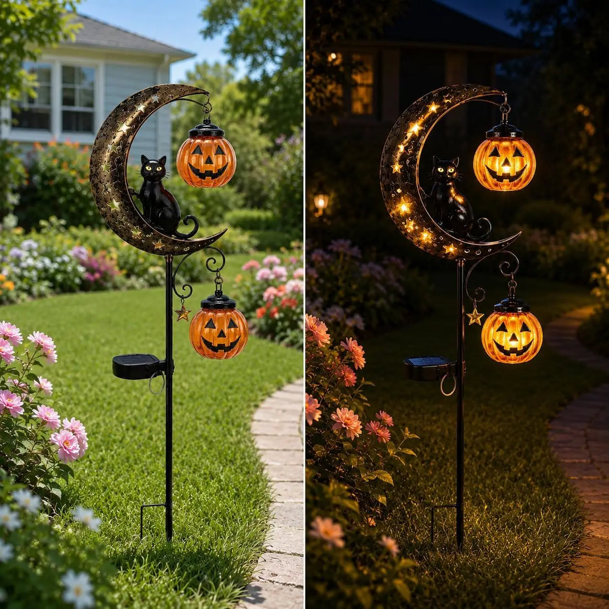 Halloween Solar Garden Stake Light Featuring Cat And Moon