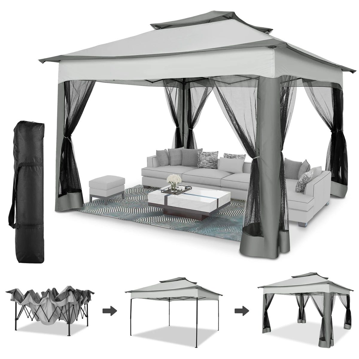 12x12FT Pop Up Gazebos On Clearance - Upgrade Easy Up Metal Outdoor Gazebo Waterproof - Portable Gazebo with Mosquito Nettings, 4 Ropes 8 Stakes and Carry Bag for Patio Garden