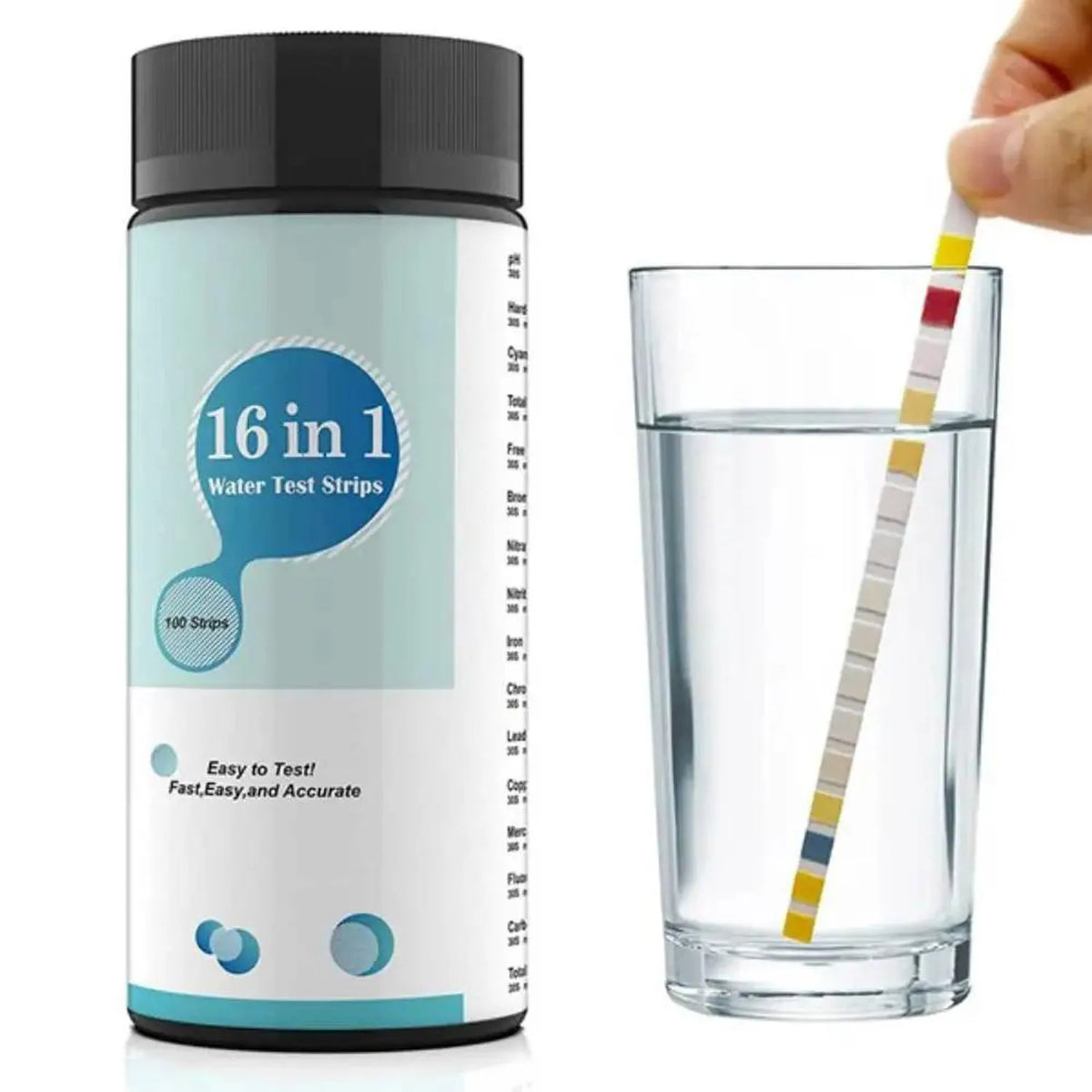 16-in-1 Water Test Kit Strips, 100 Count Drinking Water Quality Test Strips for Home, Tap, Well, Pool, Aquarium & RV Water Testing, Tests pH, Hardness, Chlorine, Lead, Iron, Copper & More