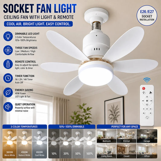 Ceiling Socket Fan Light With Remote And 40W Dimmable LED