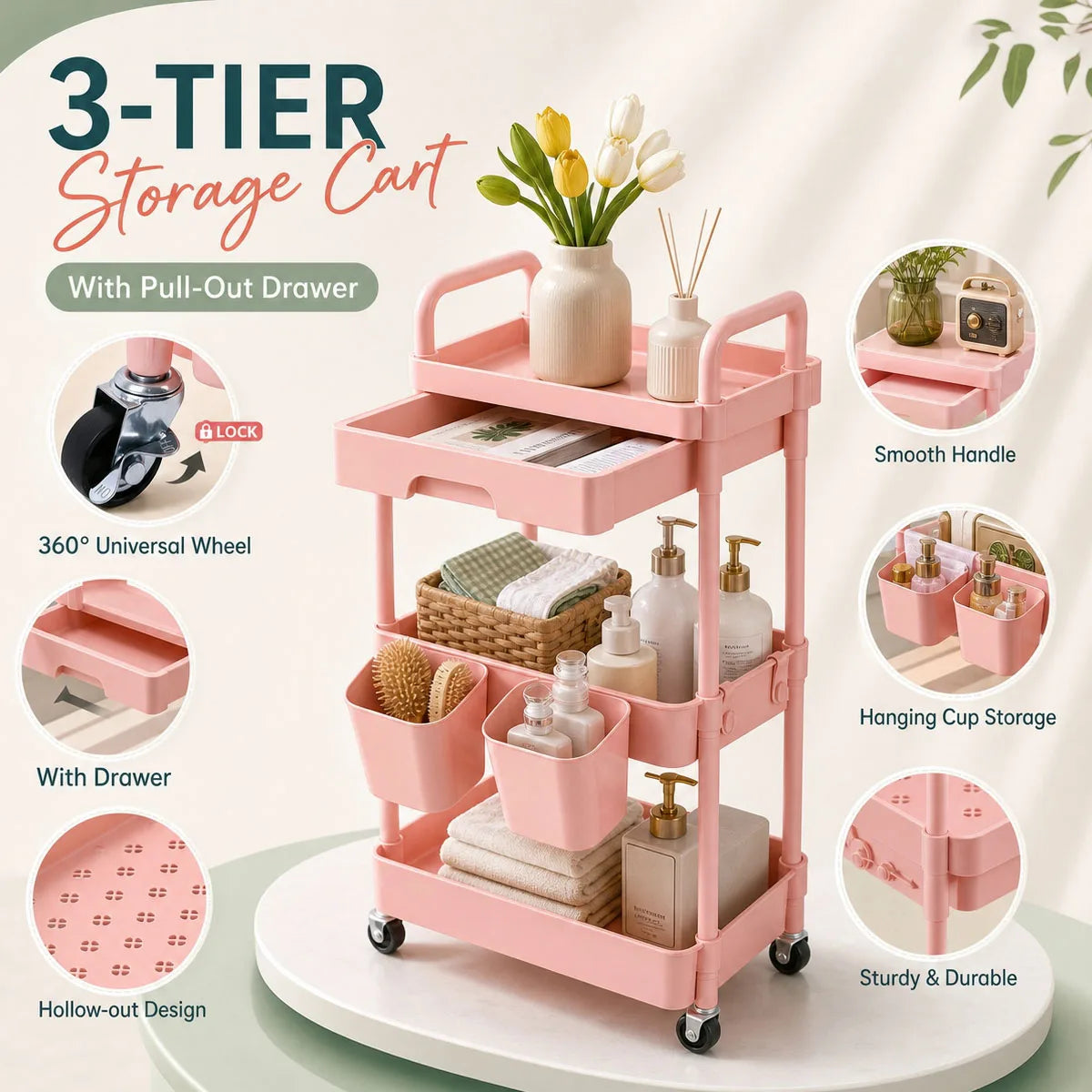 Metal Rolling Storage Cart With Drawer And Hanging Cups