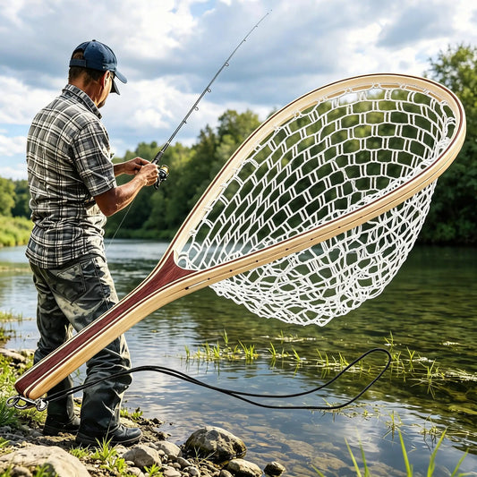 Soft Rubber Fly Fishing Net Wooden Handle Catch And Release