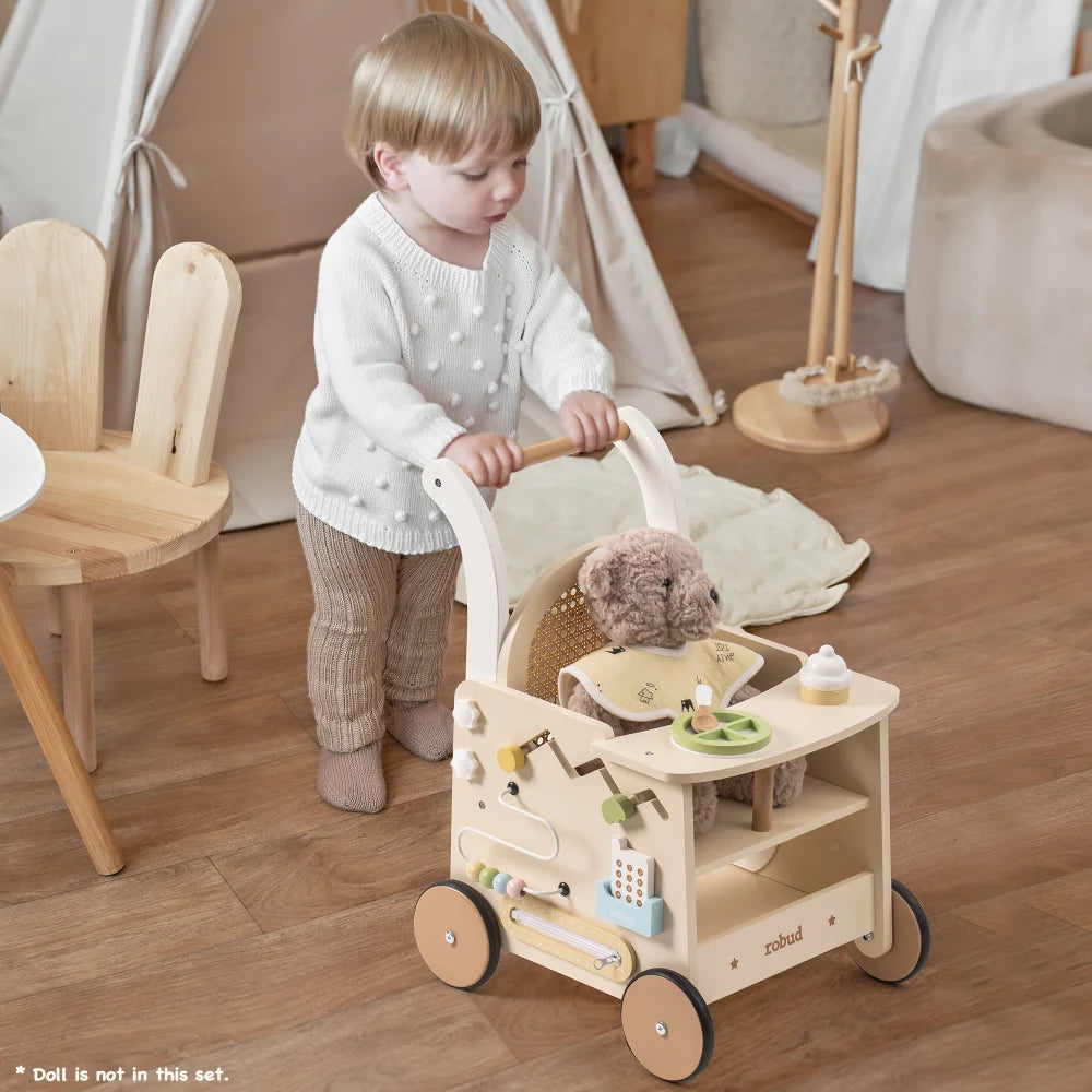 Robud Toddler Wooden Push Walker With Activity Panel And Storage