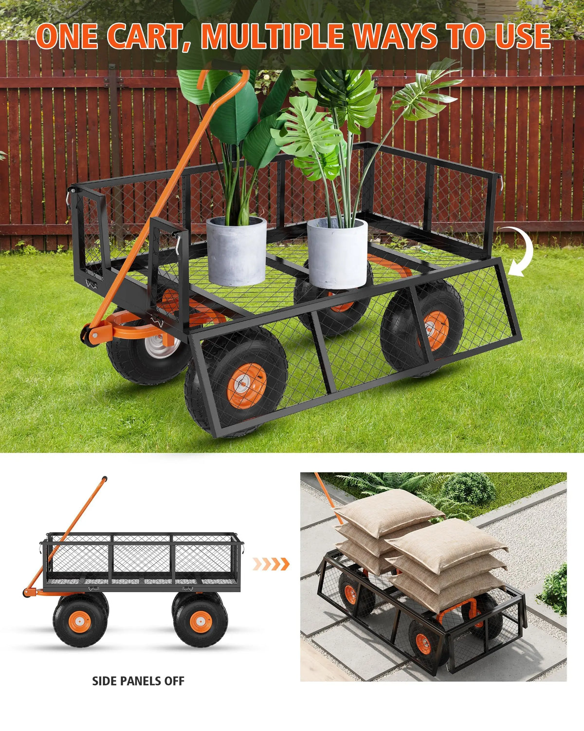 Heavy Duty Steel Garden Cart With Adjustable Handle And Large Capacity