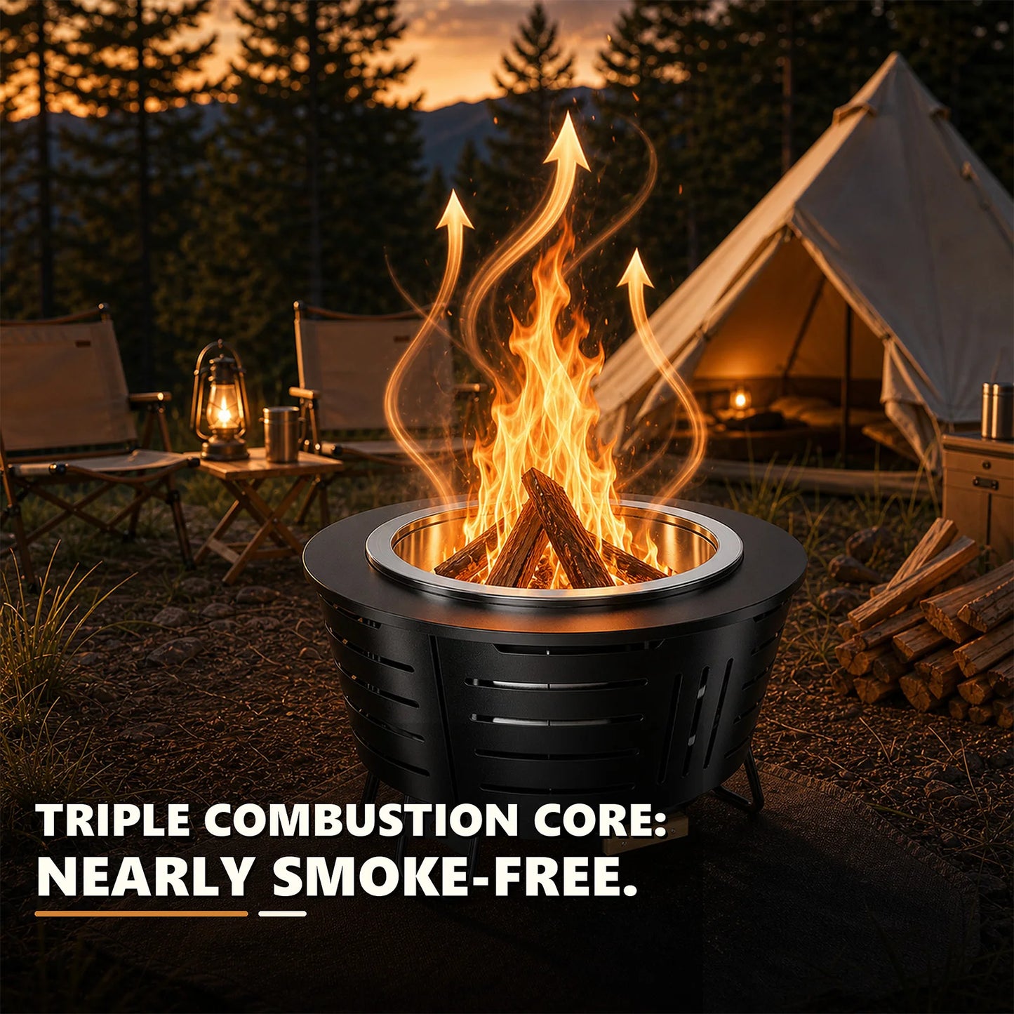 26 inch Smokeless Fire Pit - Triple Burn Technology, with Support Legs, Ash Pan & Tools for Backyard, Patio, Garden