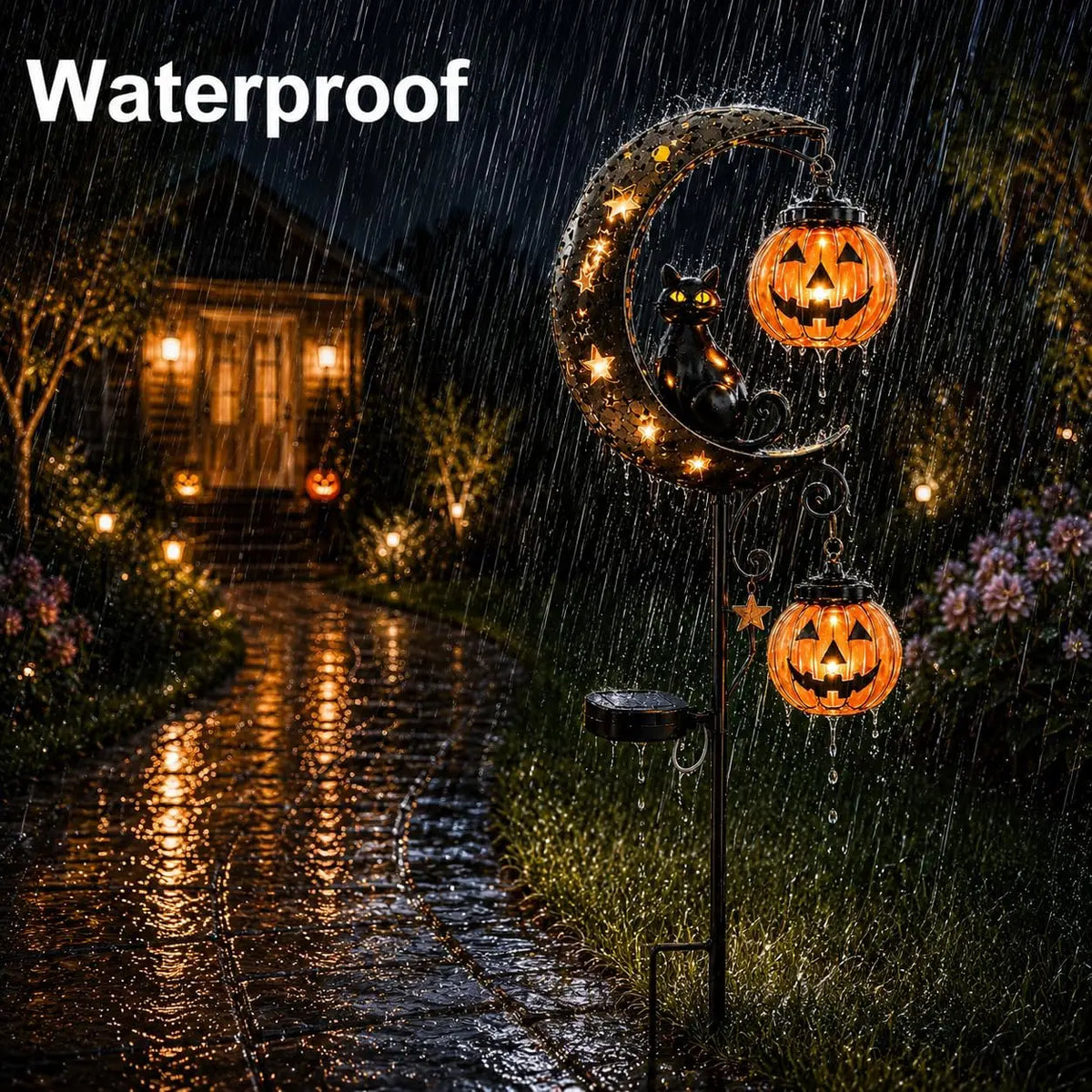 Halloween Solar Garden Stake Light Featuring Cat And Moon