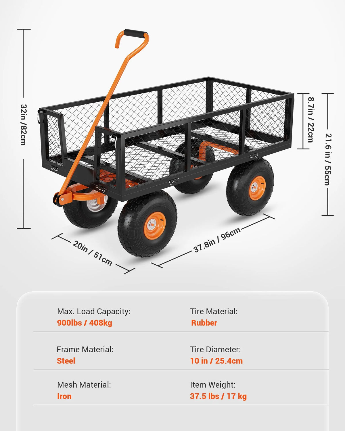 Heavy Duty Steel Garden Cart With Adjustable Handle And Large Capacity
