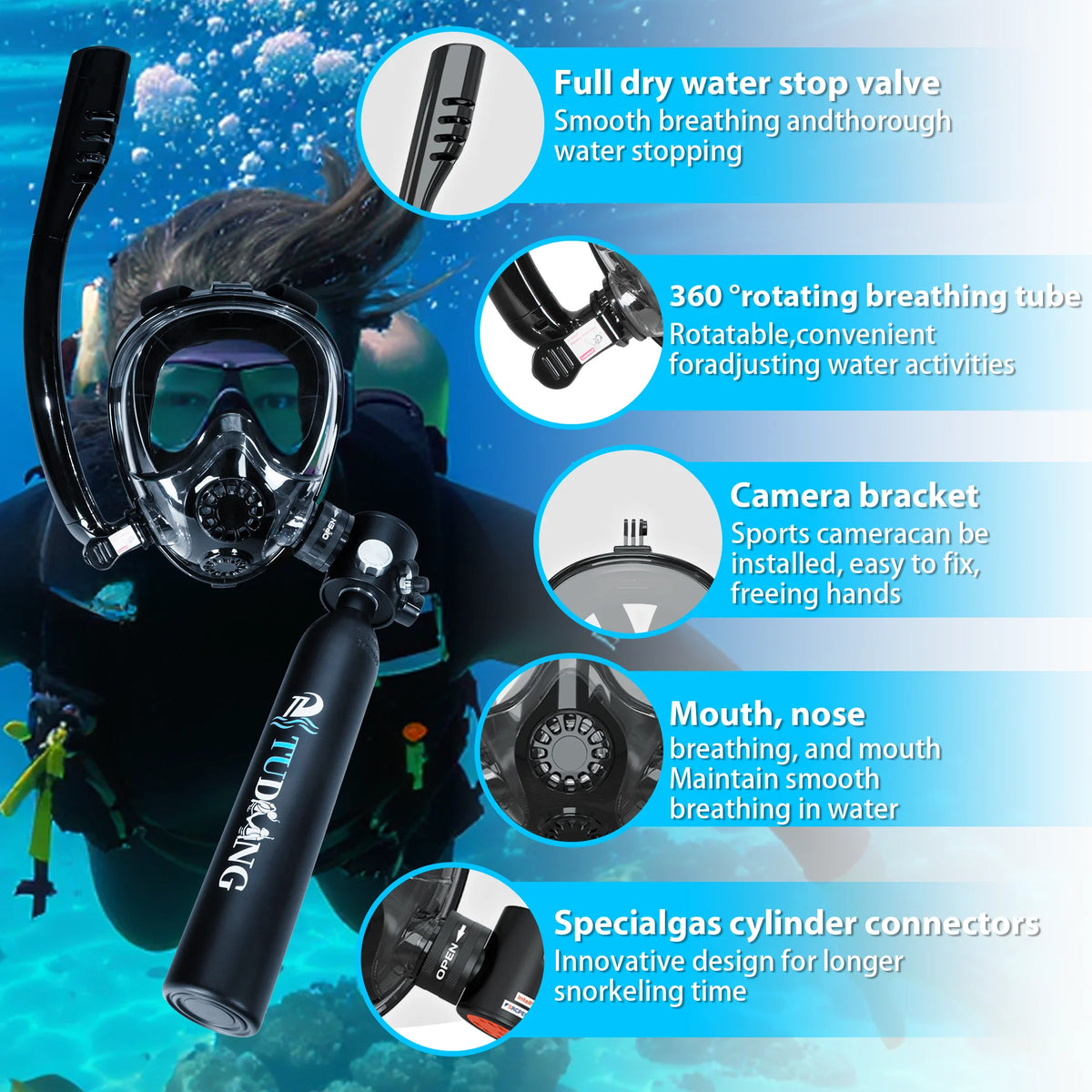 TUDIVING-0.5L Mini Scuba Diving Tank,Lung Tank with Diving Mask,Portable Scuba Tank with Pump for Underwater Breathing Training