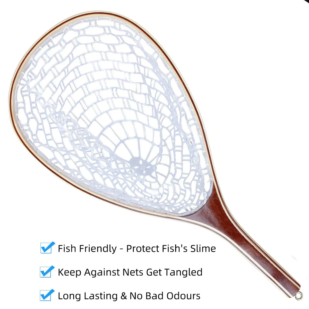 Soft Rubber Fly Fishing Net Wooden Handle Catch And Release