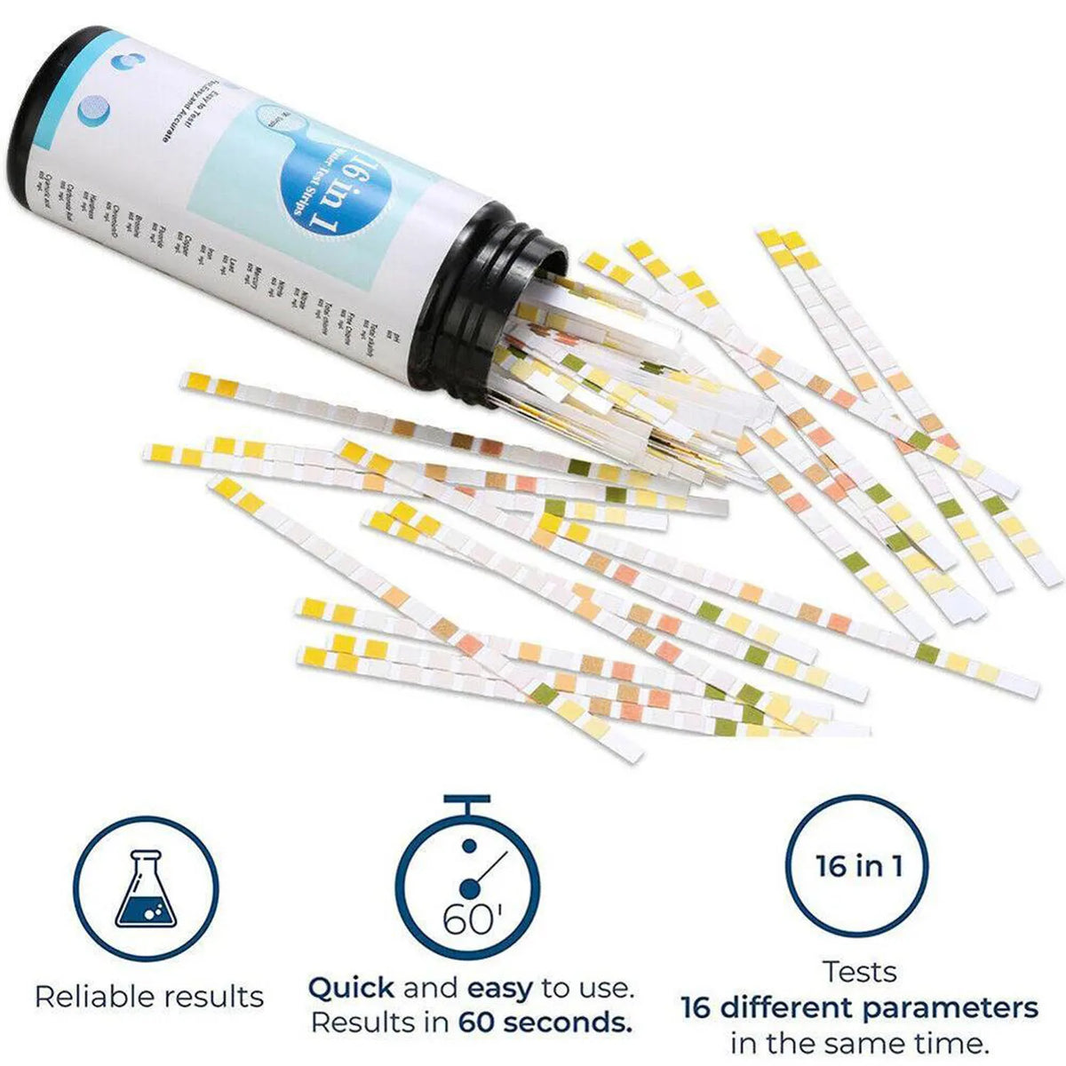 16-in-1 Water Test Kit Strips, 100 Count Drinking Water Quality Test Strips for Home, Tap, Well, Pool, Aquarium & RV Water Testing, Tests pH, Hardness, Chlorine, Lead, Iron, Copper & More