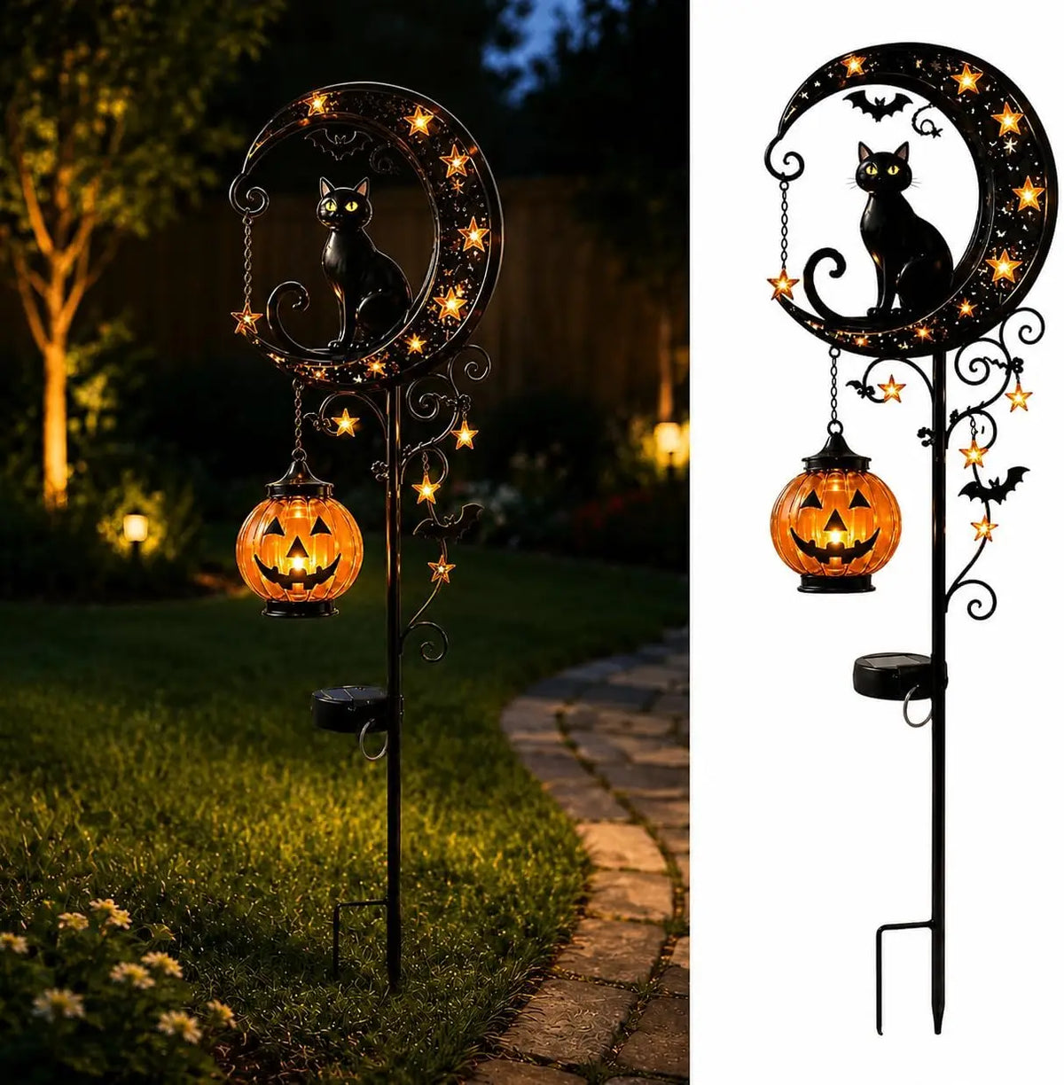 Halloween Solar Garden Stake Light Featuring Cat And Moon