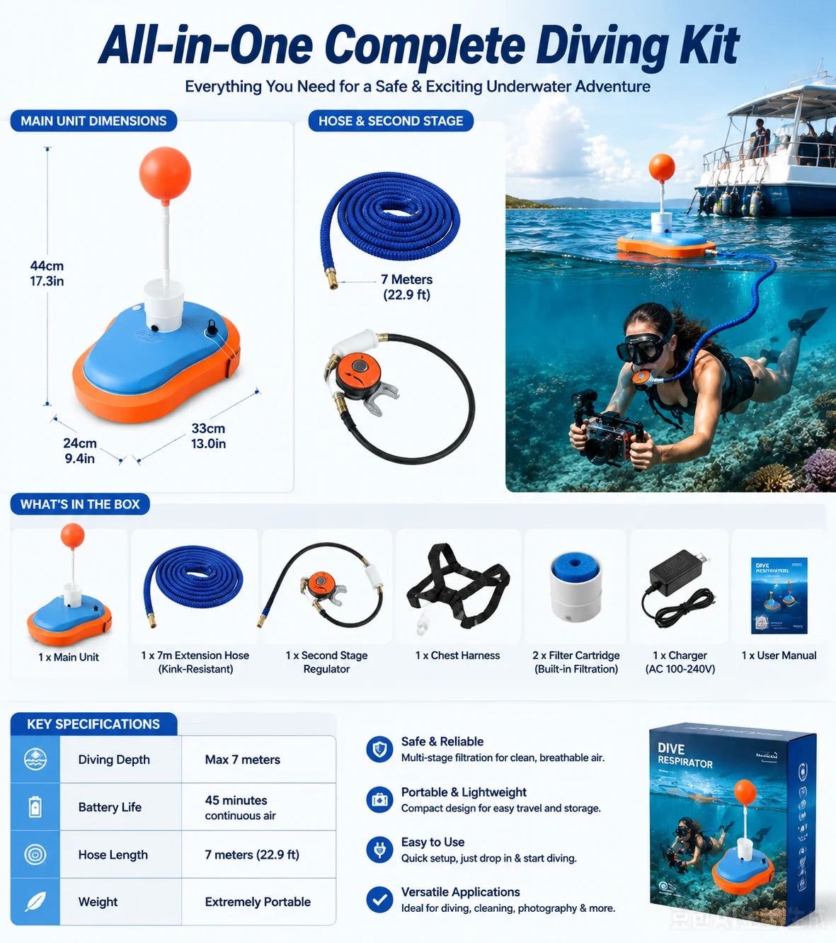 Portable Underwater Breathing Apparatus Tankless Scuba Diving System Rechargeable Air Compressor Pump 12m Depth Long Endurance Diving Gear for Snorkeling Fishing Underwater Oxygen Supply Equipment