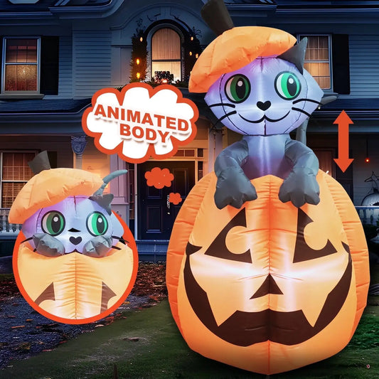 Joyfy Animated Cat On Pumpkin Halloween Inflatable Outdoor Decor