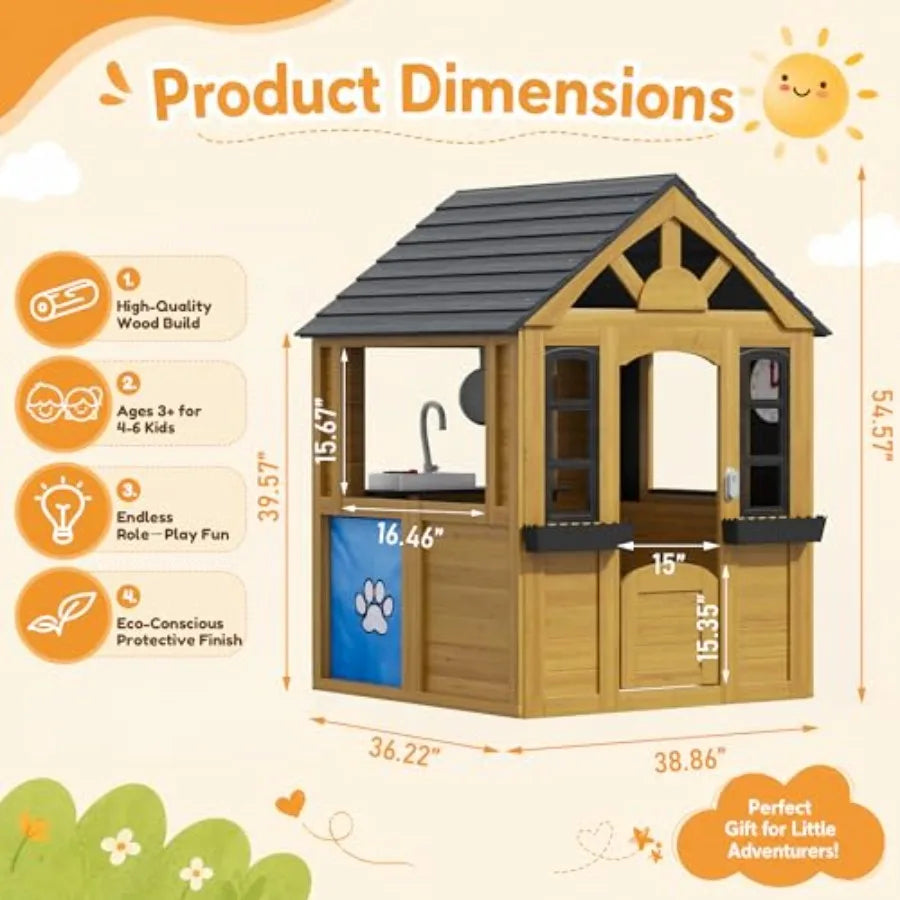 Mdng Outdoor Wooden Playhouse With Kitchen And Snack Bar