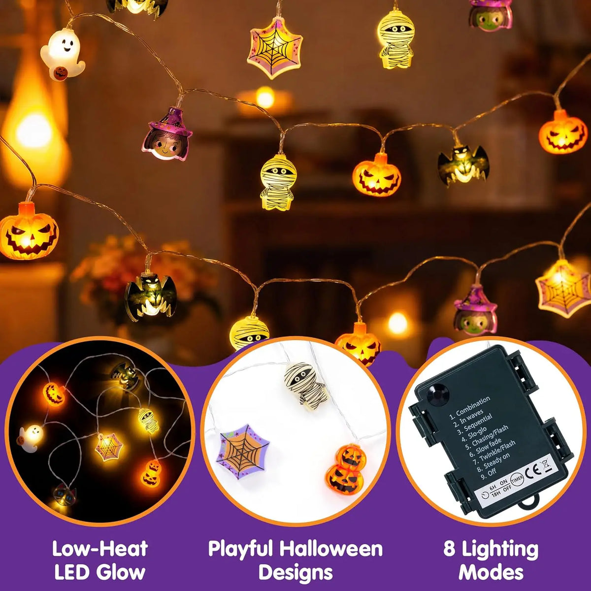 Joyfy Halloween String Lights With LED Ghost Pumpkin Design Timer