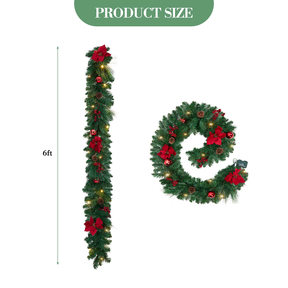 Christmas Garland With Battery Powered LED Lights And Holiday Accents
