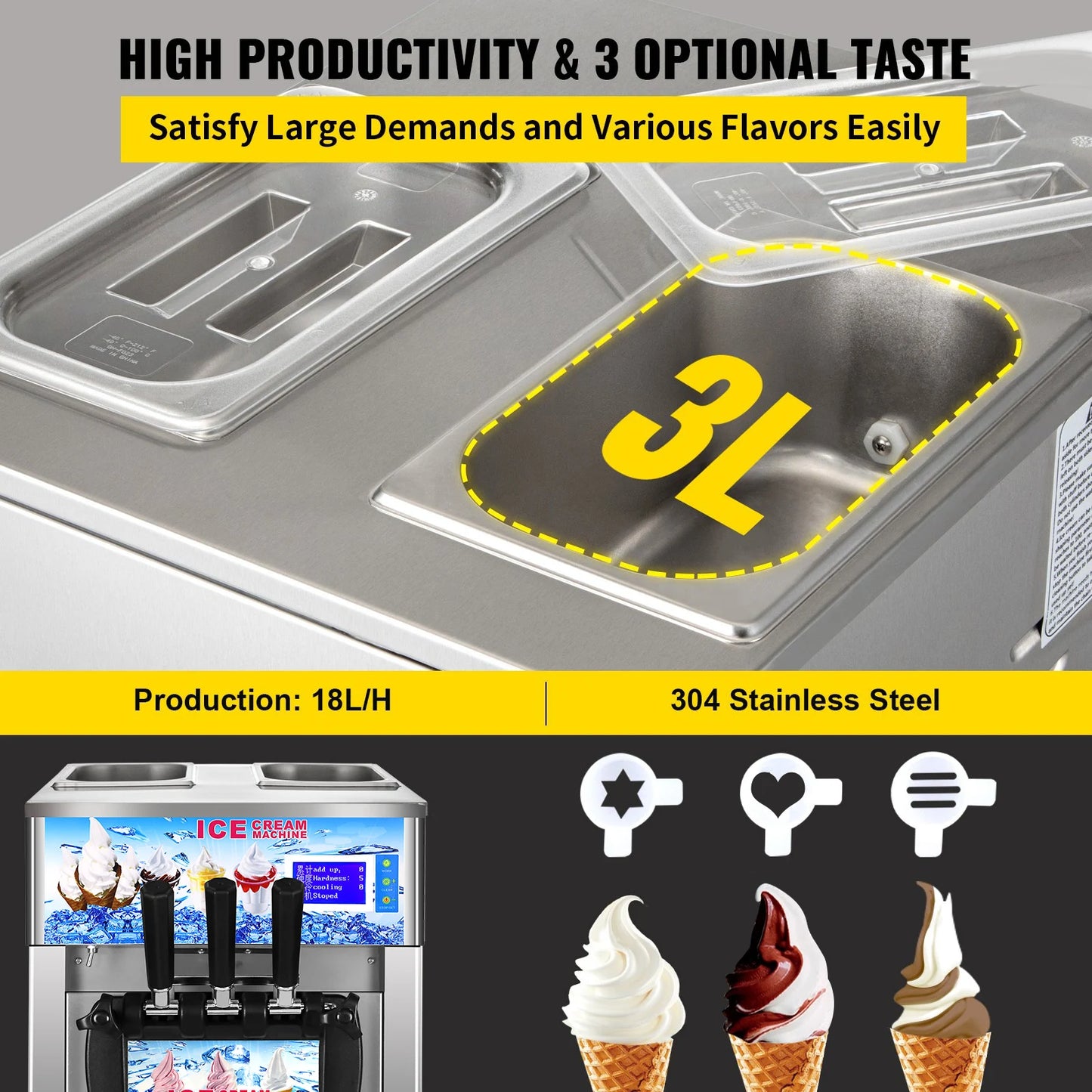 SIHAO Commercial Soft Serve Ice Cream Machine, 18L/H Tri-Flavor Countertop Ice Cream Maker, LCD Display 1200W Compressor, Stainless Steel, One-Touch Cleaning, for Dessert Shop Cafe Restaurant Snack Bar