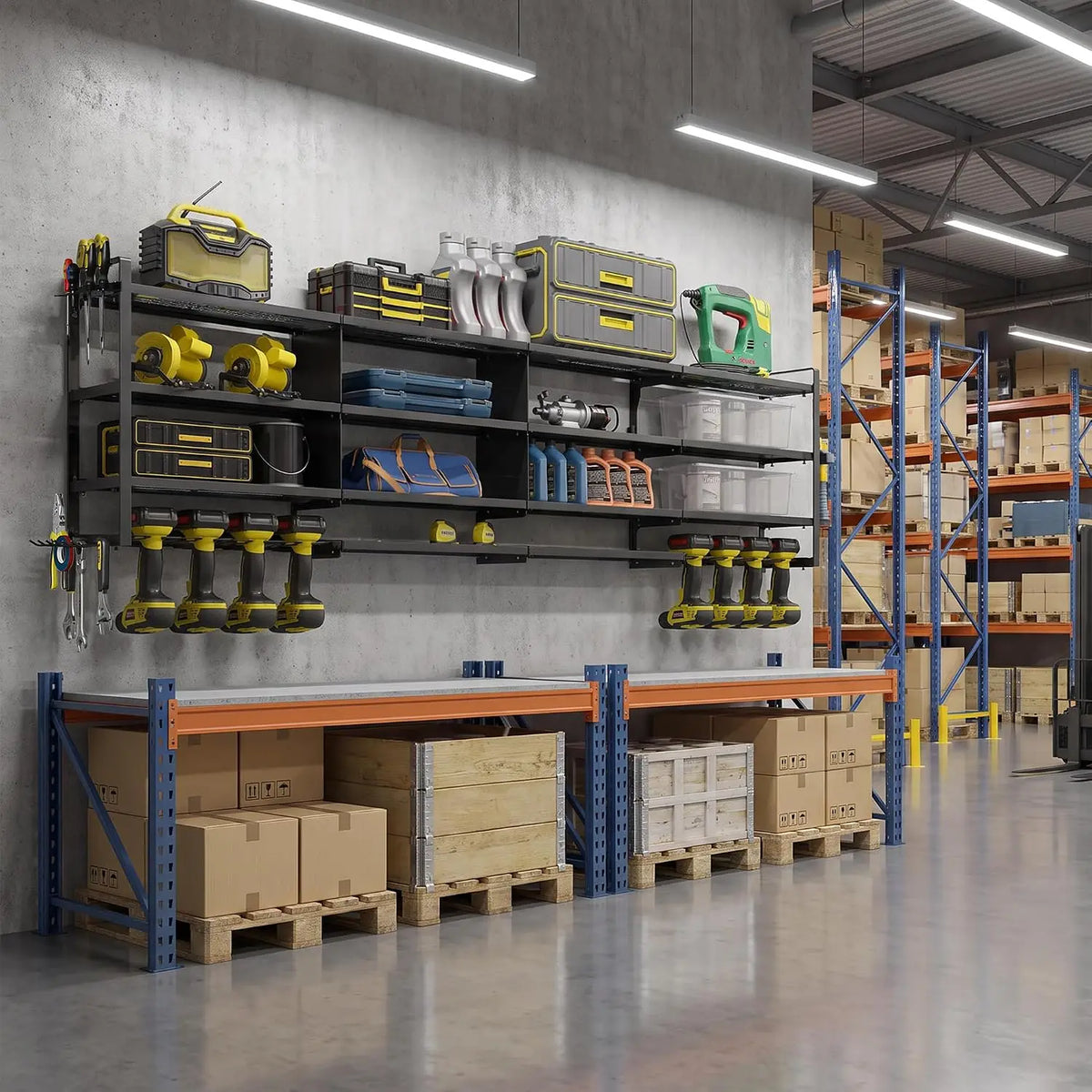 Large Power Tool Organizer Wall Mount Heavy Duty 67 Inch 4-Tier 8 Drill Holder Tool Storage Battery Shelf for Workshop Shed Basement 16 Inch Stud 20 Min Setup