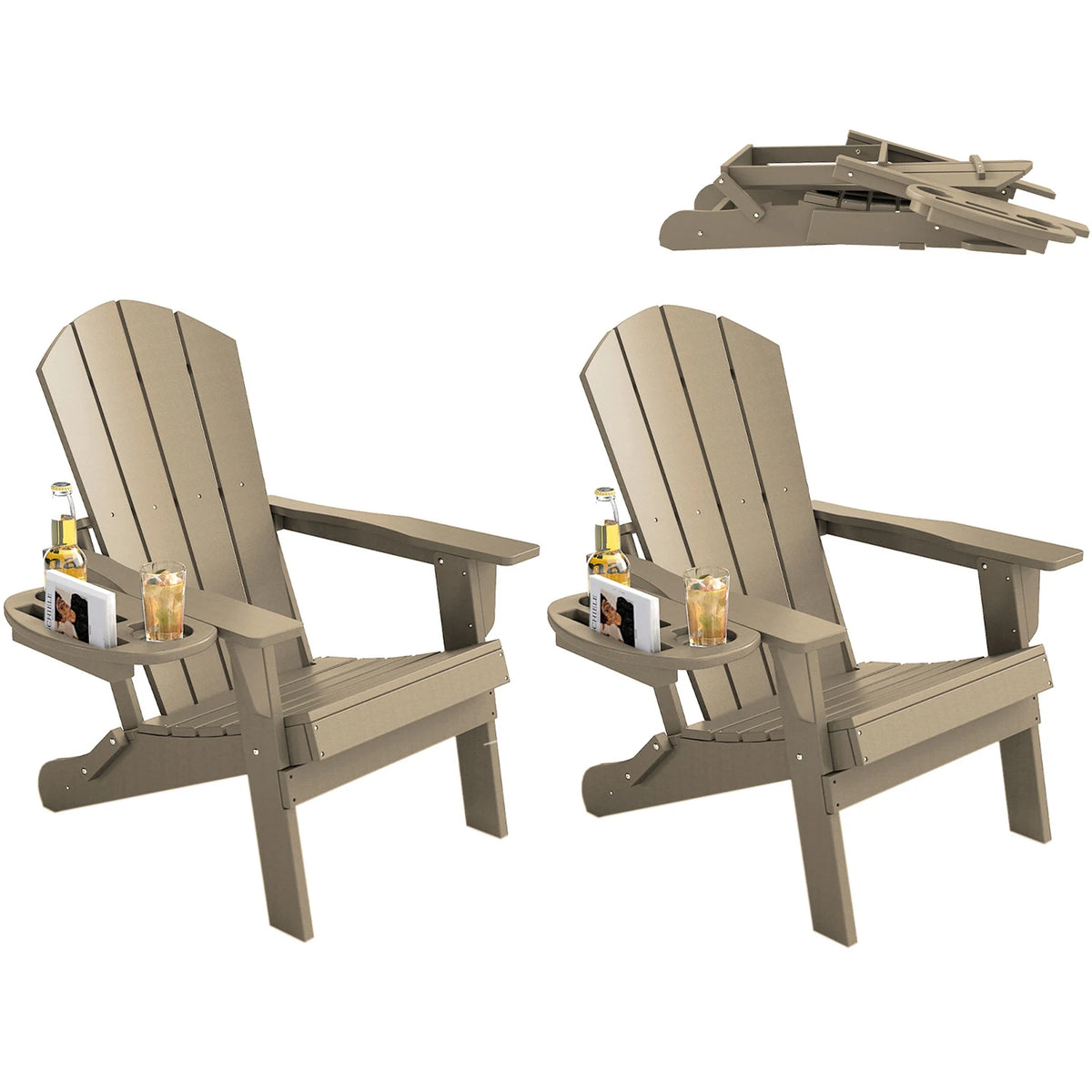 FOOWIN 2pcs Folding Adirondack Chair Weather Resistant HDPE Plastic Cup Holder Outdoor Patio Garden Fire Pit Deck Lawn
