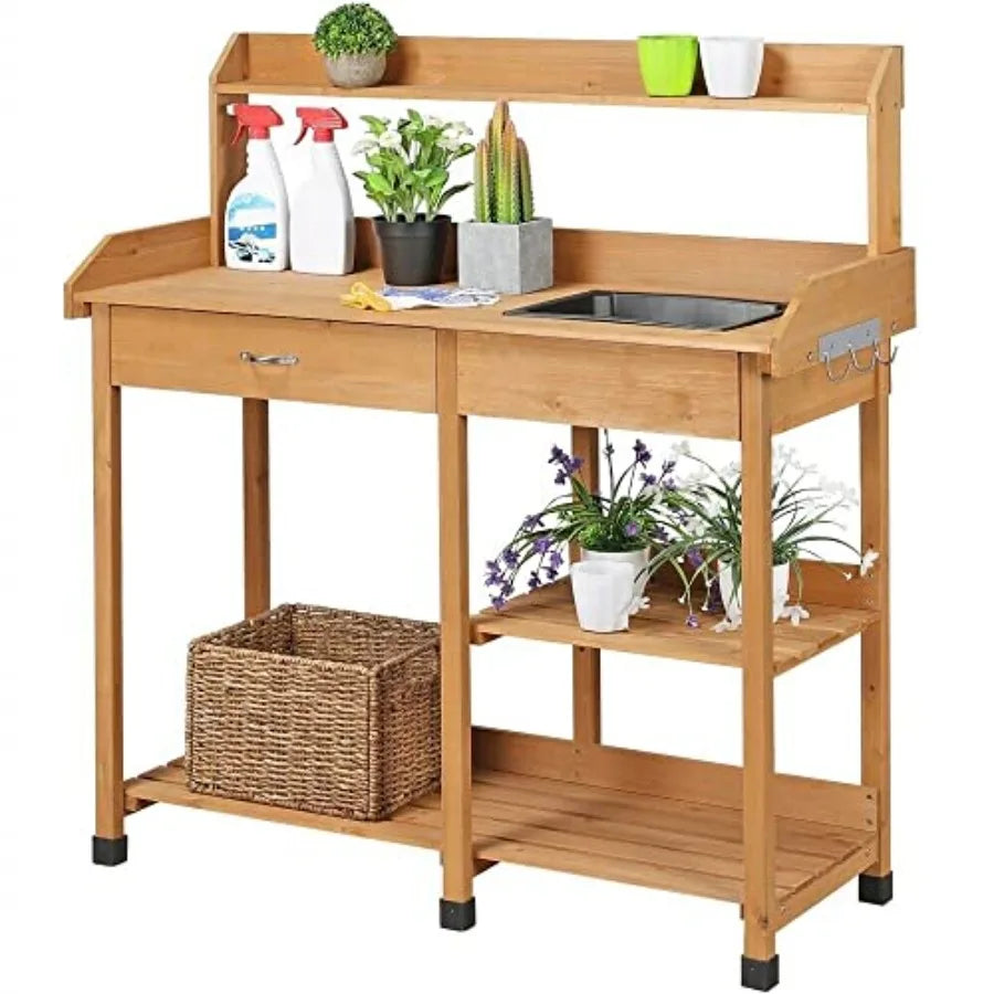Outdoor Garden Potting Bench Table With Sink And Drawer For Patio, Balcony, Or Deck Use; Solid Wood Construction; Color B; Dura
