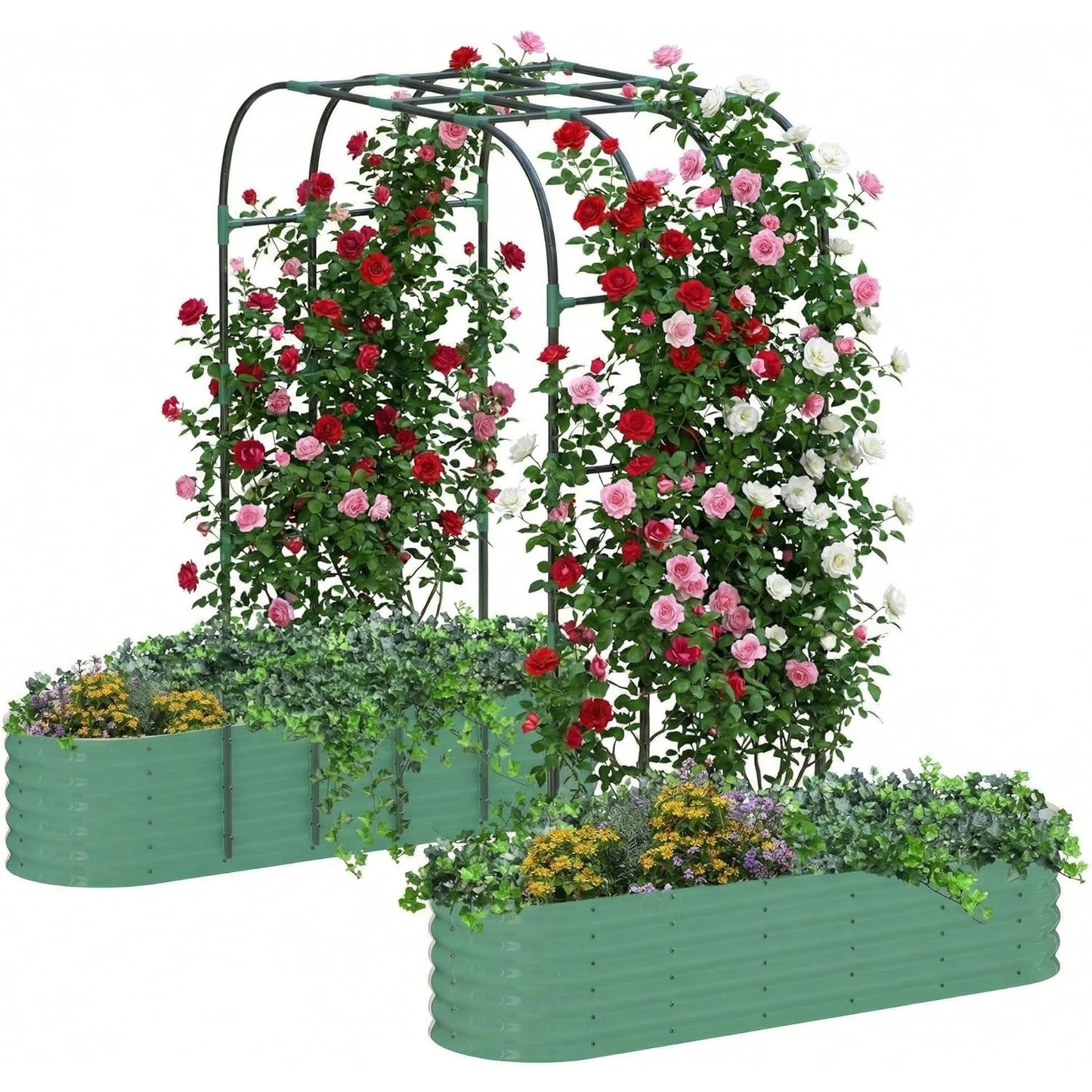 Galvanized Raised Garden Bed with 96in Arch Trellis, Rustproof Expandable Planter Box for Vines Flowers Herbs