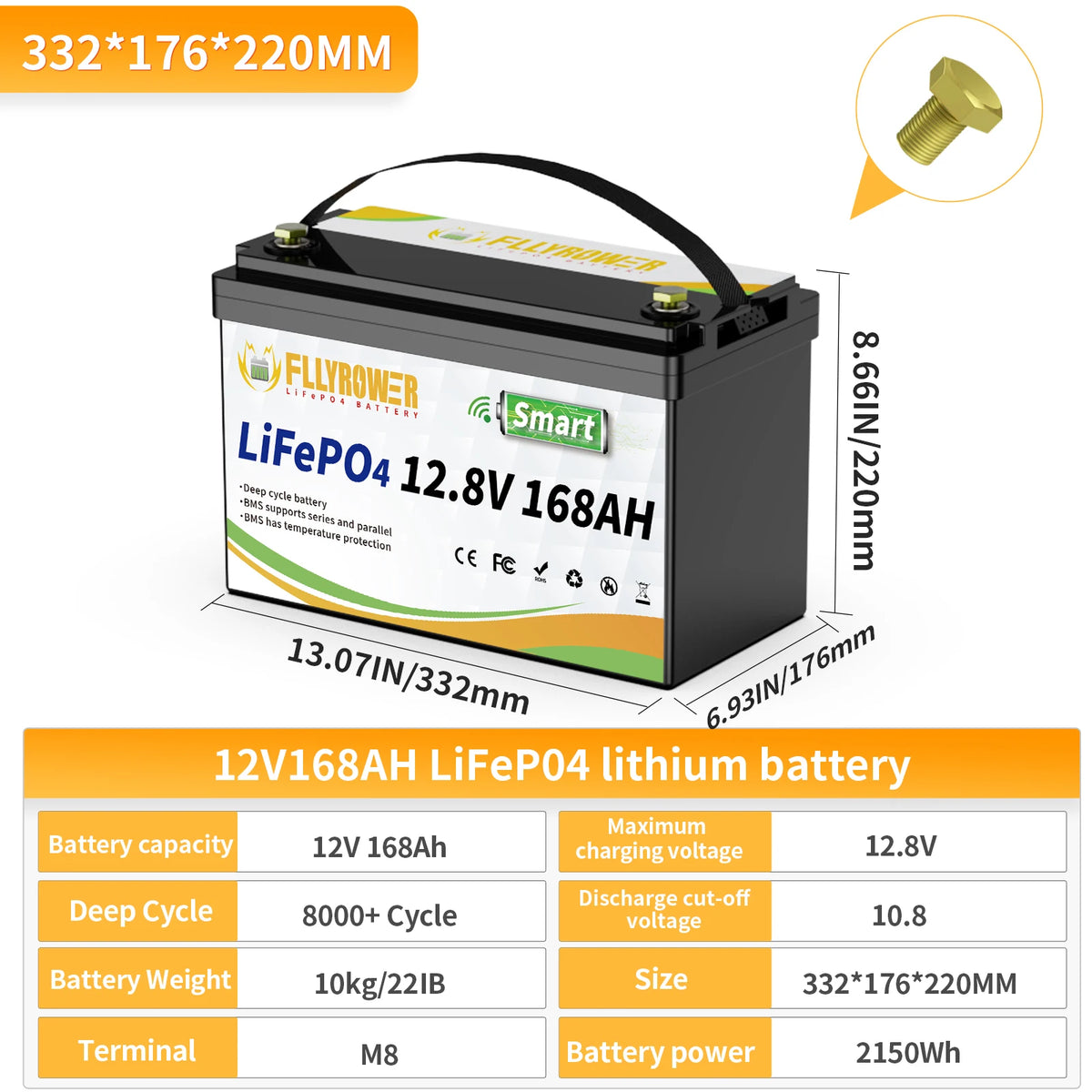 FLLYROWER 12V 168AH LiFePO4 Lithium Battery Pack With Bluetooth BMS 8000+Cycles For Touring Campers Off-Road Solar Wind Battery