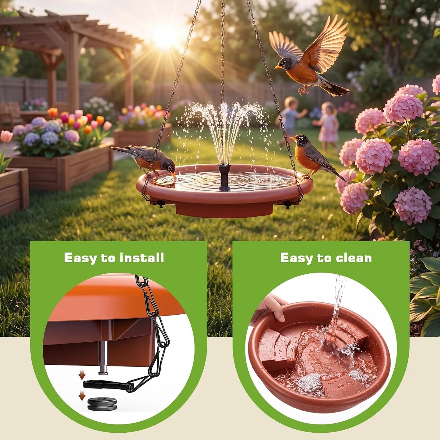 Solar Hanging Bird Bath With Fountain And Tiered Stand Design