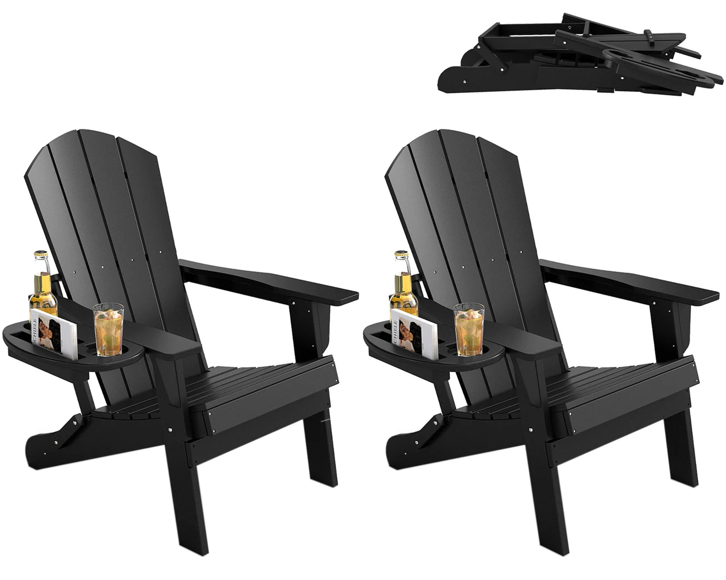 FOOWIN 2pcs Folding Adirondack Chair Weather Resistant HDPE Plastic Cup Holder Outdoor Patio Garden Fire Pit Deck Lawn