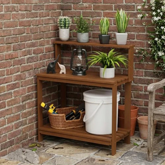 Outdoor Potting Bench Table for Gardening, Natural Wood, Brown, Heavy-Duty with Shelves and Storage