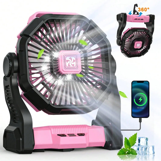 Dual Motor Battery Fan With LED Lantern And Adjustable Speeds