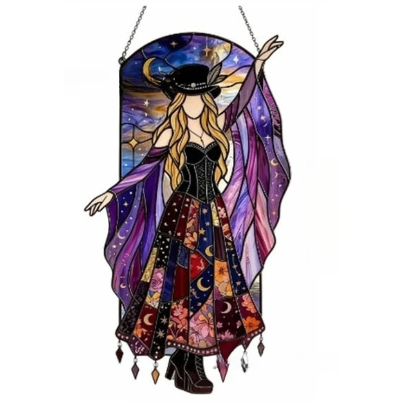 Acrylic Witch Ghost Black Cat Stained Glass Window Suncatcher