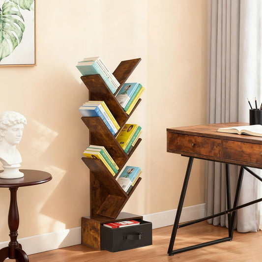 JHK Geometric Wooden Bookshelf With Seven Tier Storage Drawer