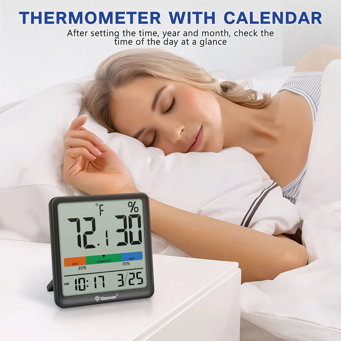 Geevon Digital Thermometer and Hygrometer with Clock and Date