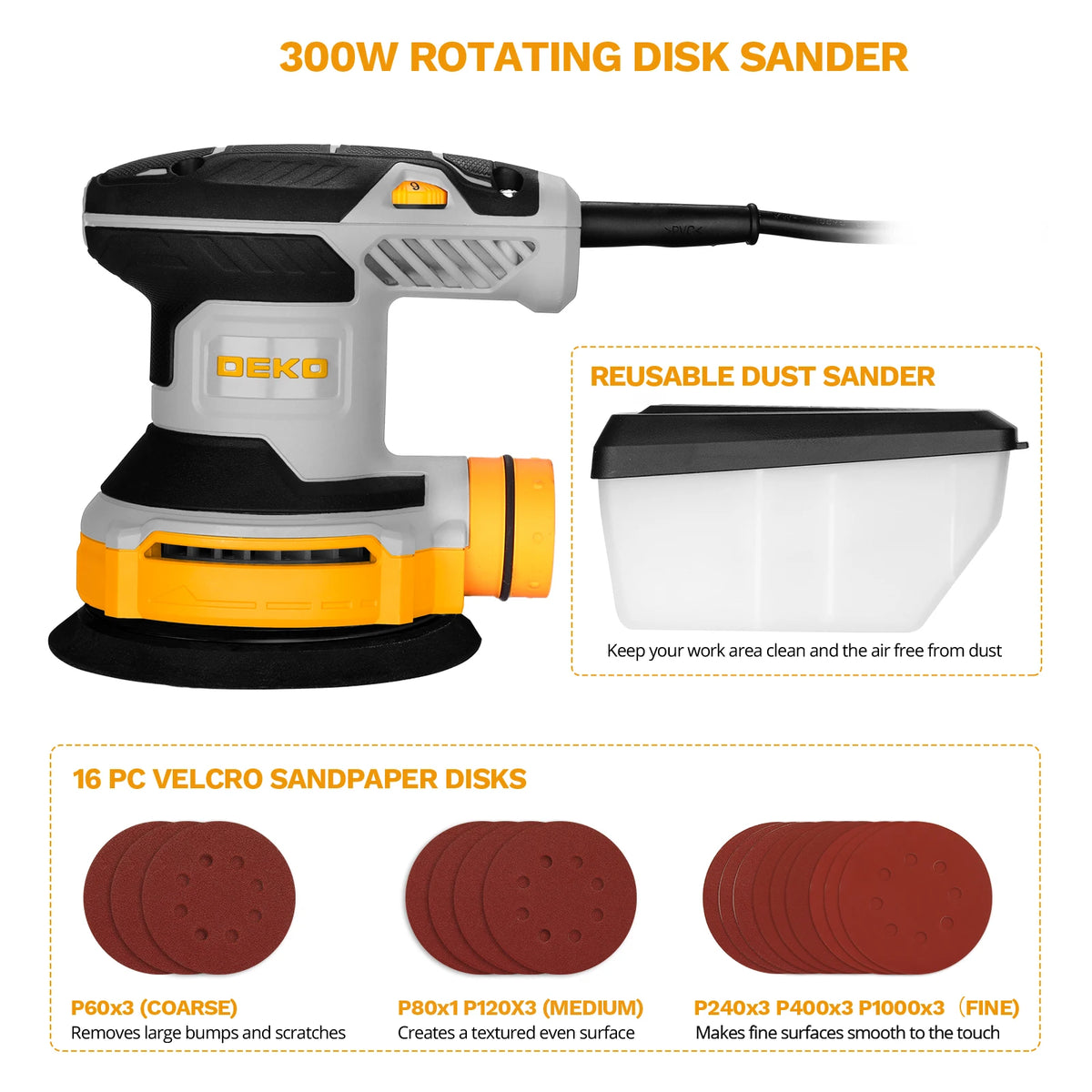 DEKO 300W Random Orbital Sander With Dust Collection