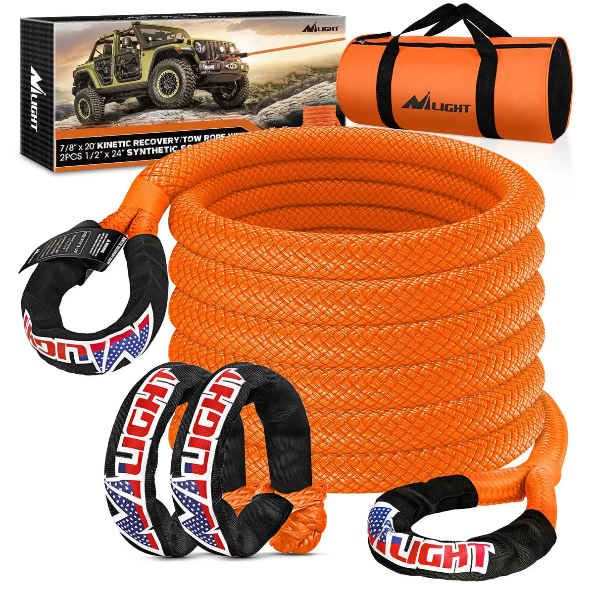 Nilight Kinetic Recovery Tow Rope 7/8" x 20ft (28,600LBS) with 2 Soft Shackle 1/2" x 24" Snatch Strap Heavy Duty Offroad Towing Strap kit for UTV ATV SUV Truck Car Jeep Tractor