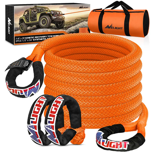 Nilight Kinetic Recovery Tow Rope 7/8" x 20ft (28,600LBS) with 2 Soft Shackle 1/2" x 24" Snatch Strap Heavy Duty Offroad Towing Strap kit for UTV ATV SUV Truck Car Jeep Tractor