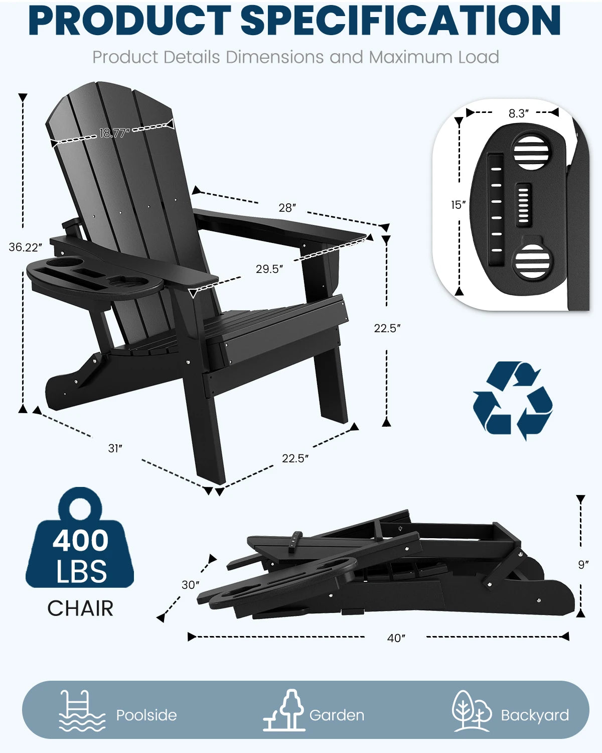 FOOWIN 2pcs Folding Adirondack Chair Weather Resistant HDPE Plastic Cup Holder Outdoor Patio Garden Fire Pit Deck Lawn