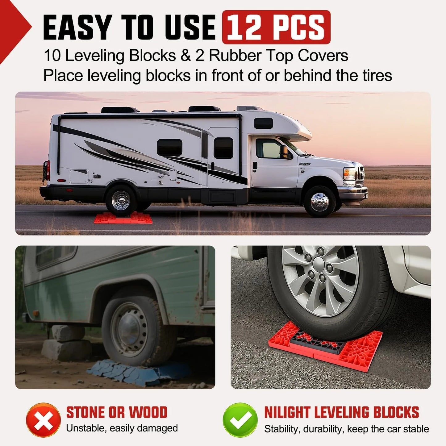 Nilight RV Leveling Blocks 12 Pack Interlocking Design Stabilizer Block Anti-Slip Rubber Covers Customizable Height with Carrying Bag for RV Camper Travel Trailer, Adjustable Camper Stabilizer Blocks for Motorhome Trailer Tir