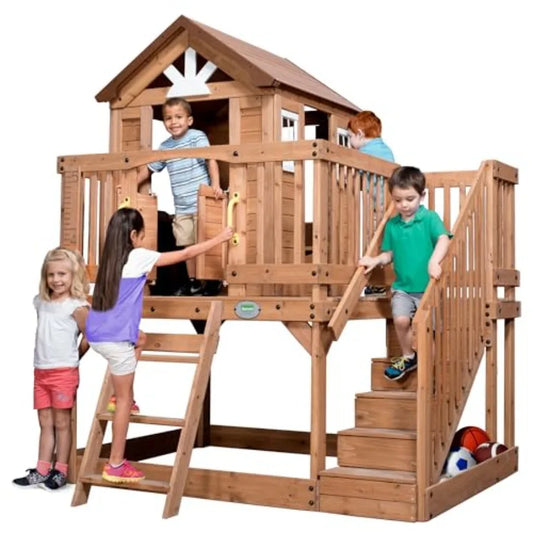 MDNG Cedar Wood Kids Outdoor Playhouse With Kitchen And Deck