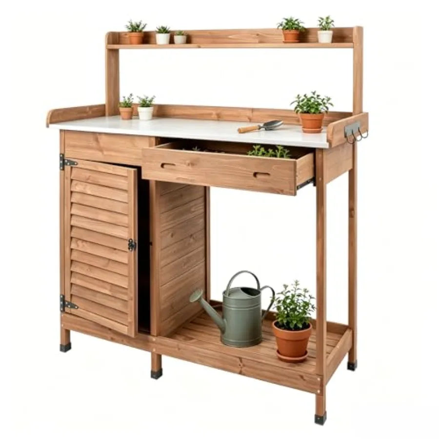Outdoor Potting Bench Table For Patio, Backyard, Garden, Greenhouse; Wooden Frame With Metal Tabletop; Natural Brown; Includes