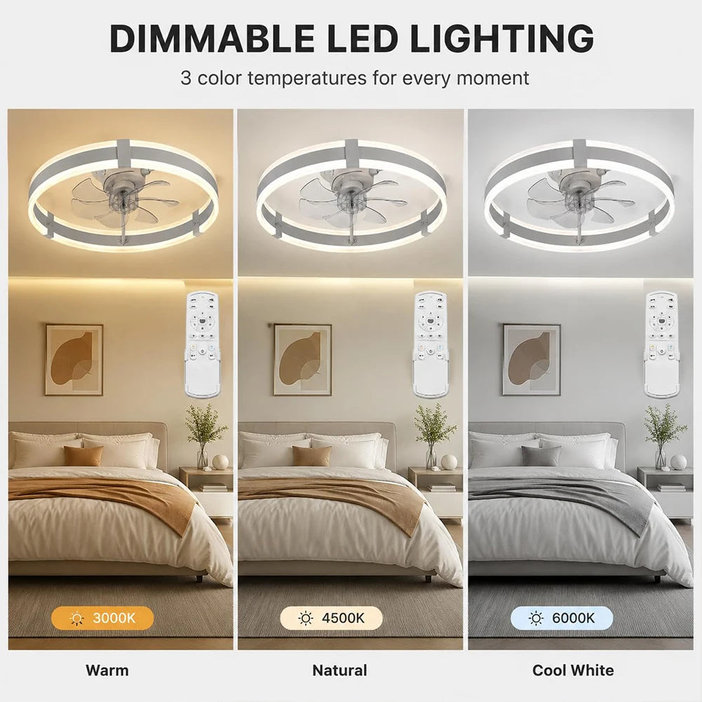 Low Profile Flush Mount Ceiling Fan With Dimmable LED Light