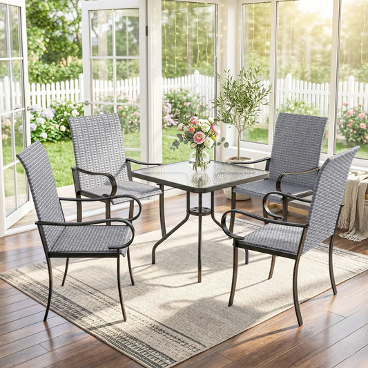 Gray Set of 4 Outdoor Wicker Armrest Dining Chairs Rattan Patio Dining Seats for Garden Backyard Porch Leisure Dining