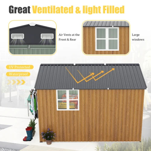 10x12 foot outdoor storage shed, oversized metal shed with lockable doors and windows, outdoor steel cabin