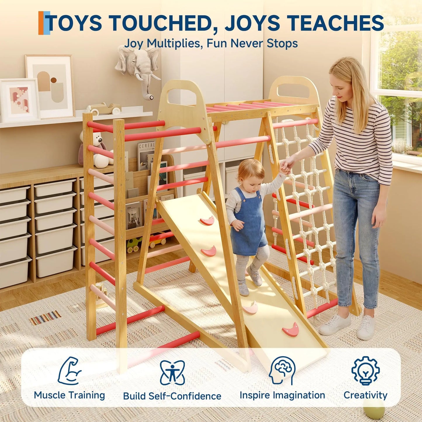HiMiss Foldable Wooden Climbing Triangle Indoor Jungle Gym