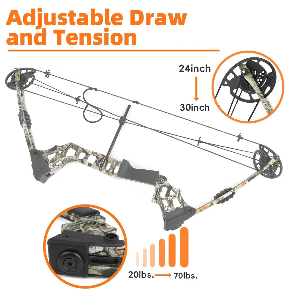 20-70lbs Adjustable Compound Bow Set 320FPS 80% Let-off Right Left Hand Archery Kit for Outdoor Hunting Shooting Sports