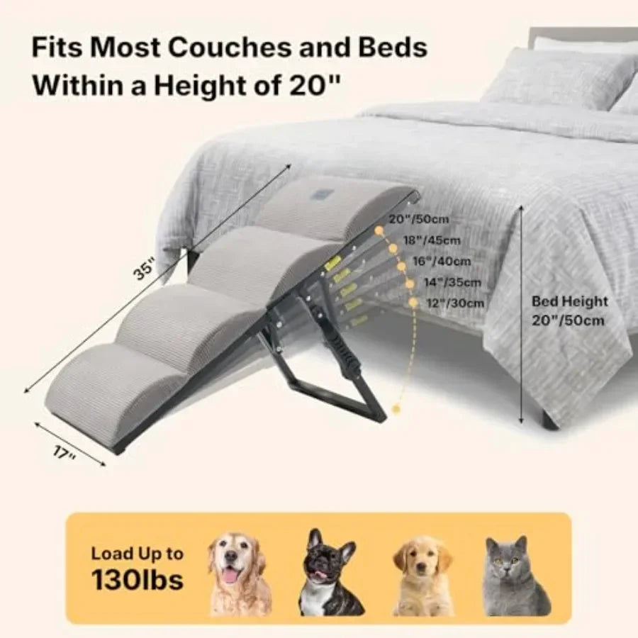 Dog ramp for bed and couch use, aluminum alloy frame, black color, foldable with 5 adjustable heights 12 to 20,non-slip surface