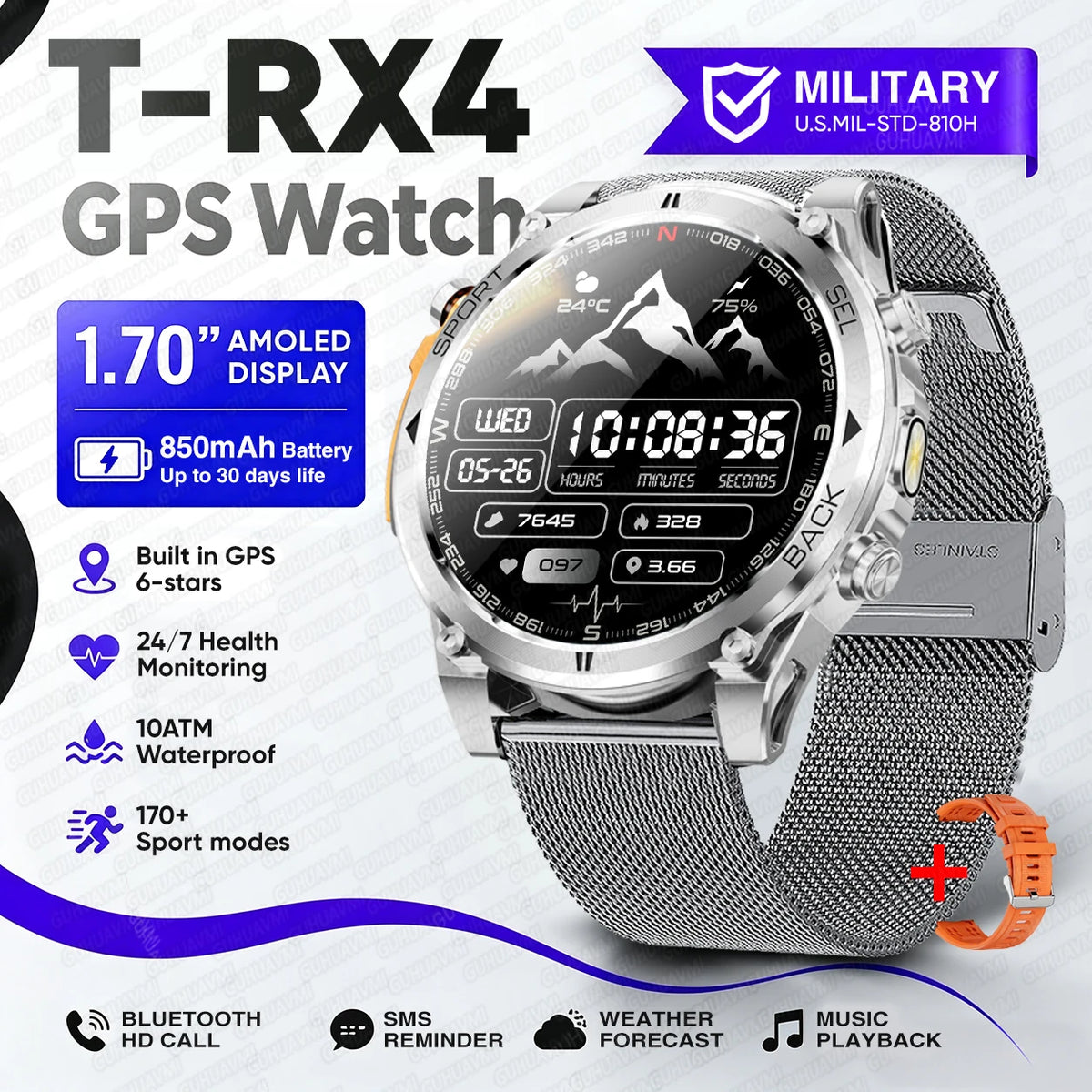 T-RX4 Rugged Outdoor GPS Smartwatch with Compass Altimeter and Barometer