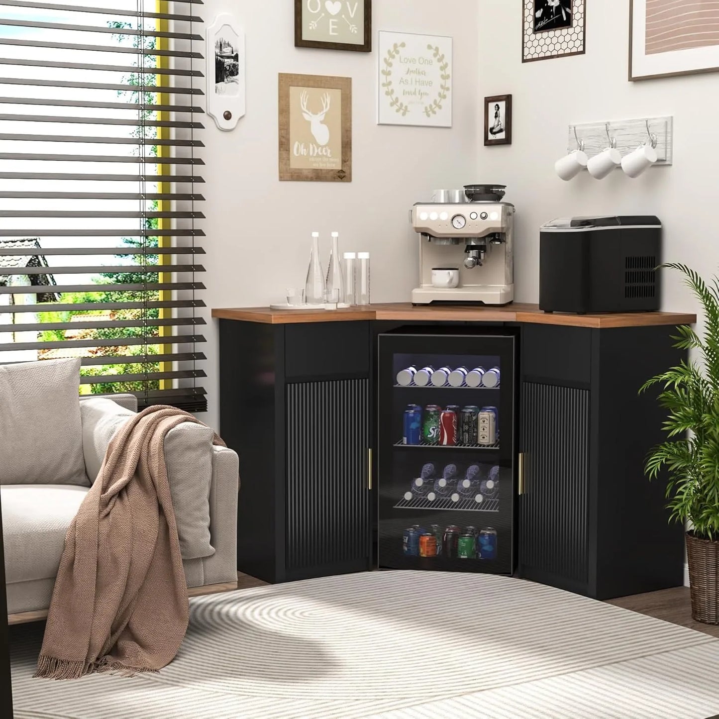XIUWO Corner Bar Cabinet With Fridge Space Home Beverage Station